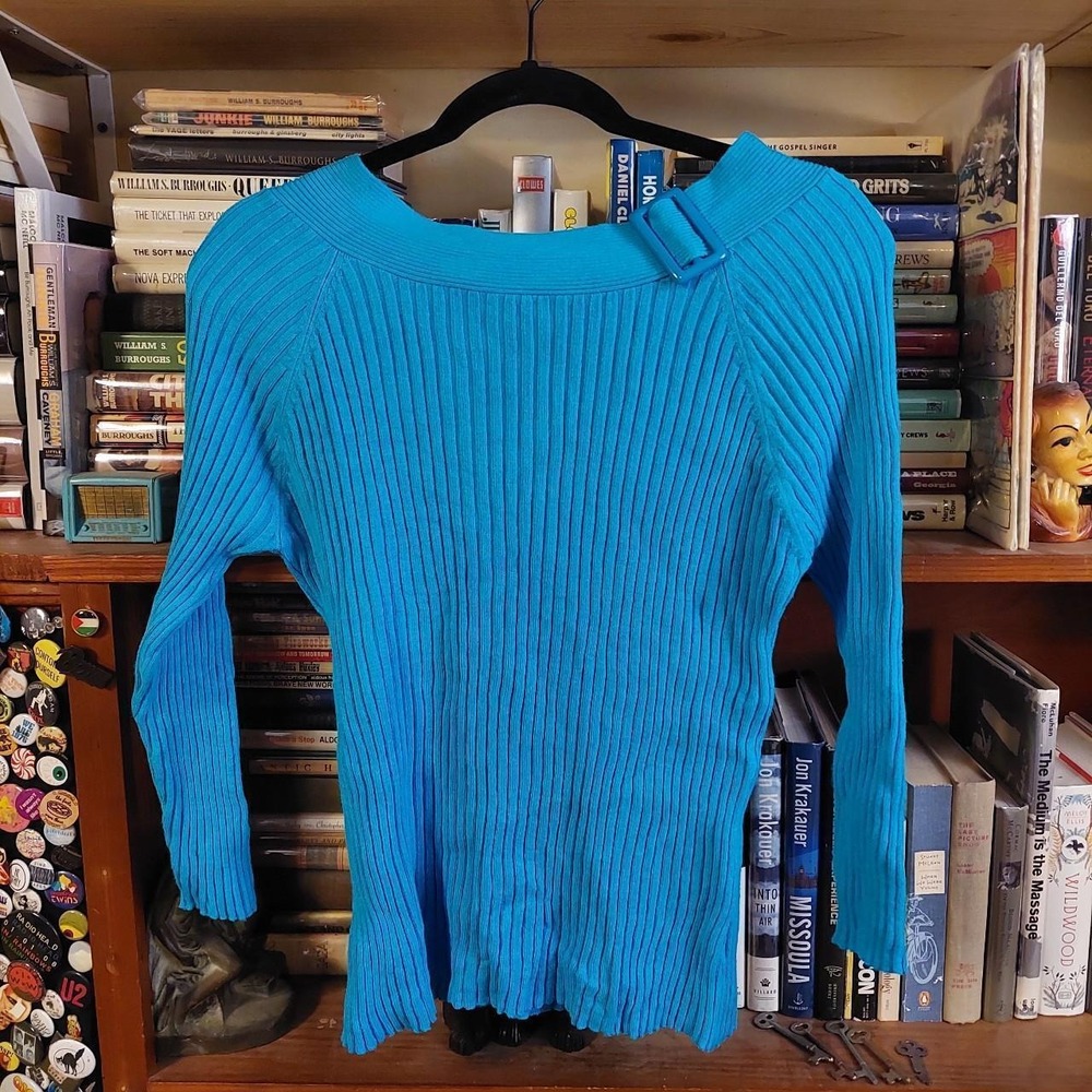 Chadwicks Y2K Bright Blue Ribbed Sweater Buckle Neckline XL Vintage Blue Top